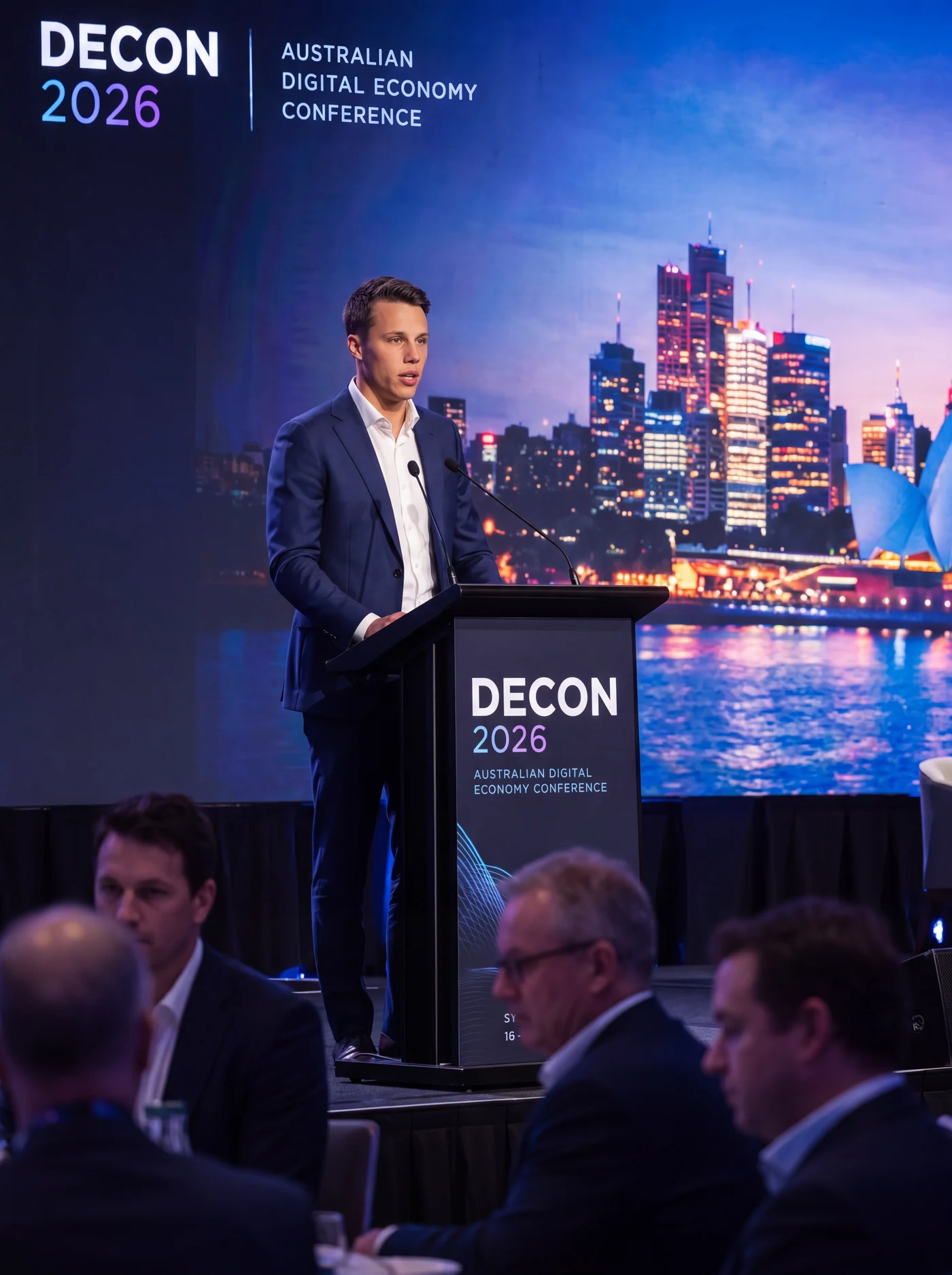 Henry Anderson speaking at a conference lectern